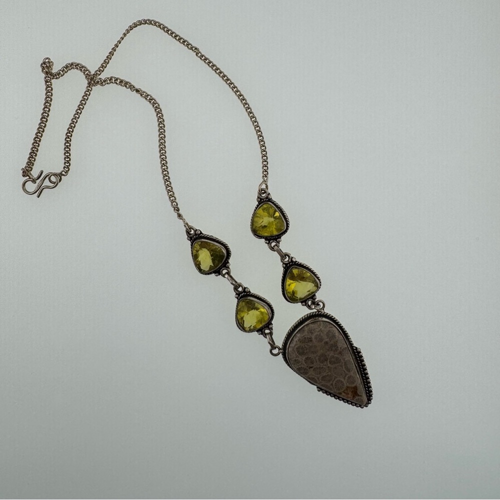 Sterling Silver 925 Necklace with Citrine and Fossilized Coral Pendant